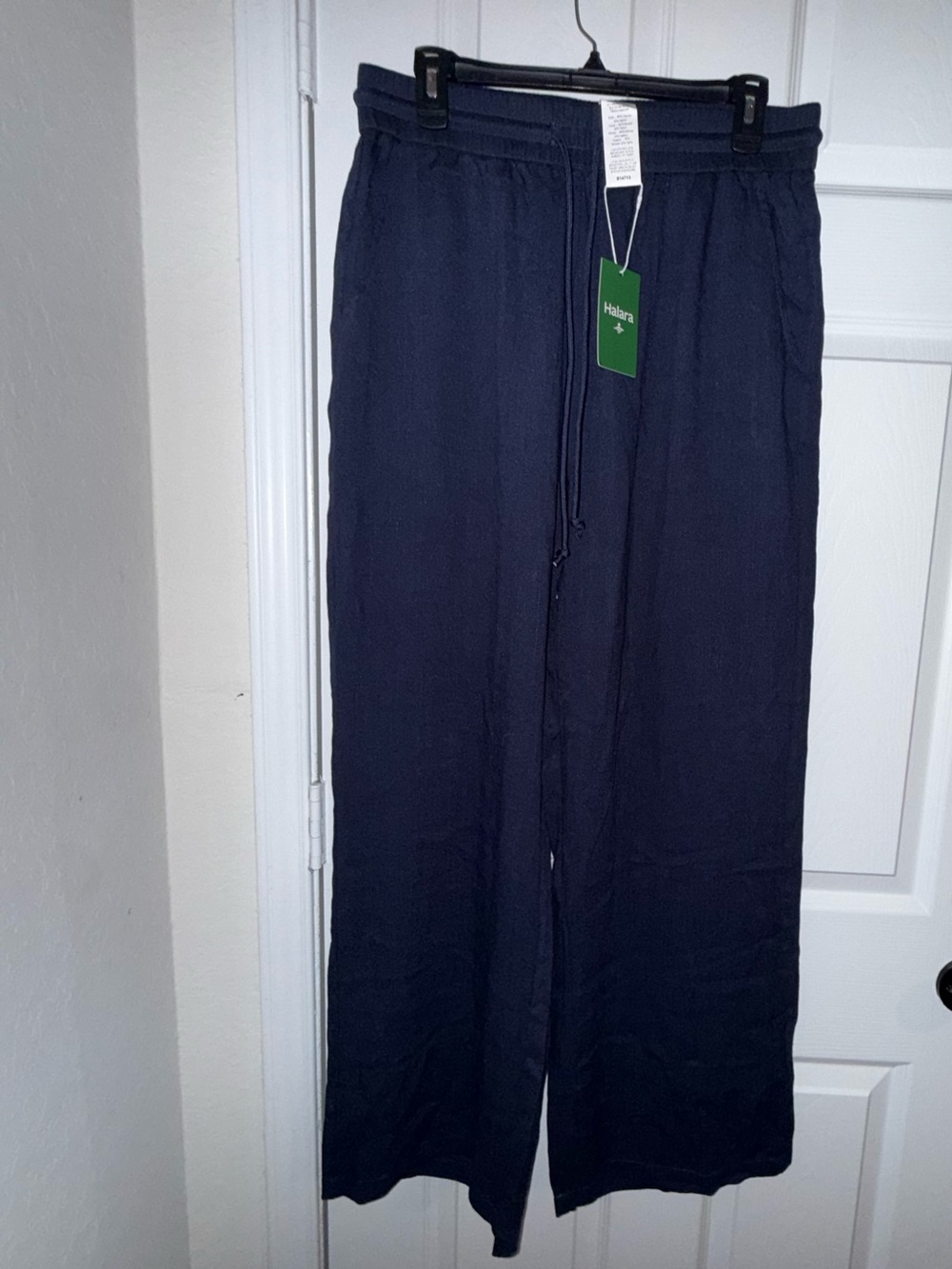 HALARA Navy High Waisted Drawstring Pocket Wide Leg Baggy Casual Linen-Feel Pant